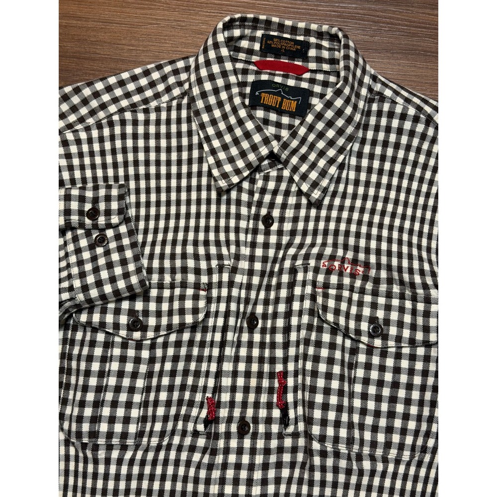 Orvis Trout Bum Gingham Fishing Shirt Brown White Plaid (OR-6T37) Sz XL